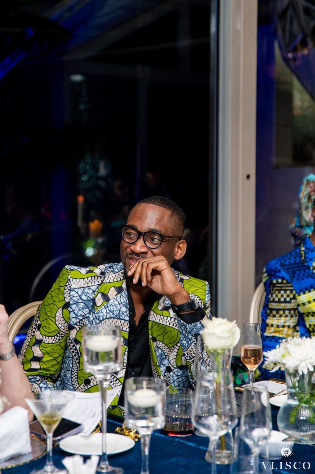Christian Katshunga in a wax-print jacket at a Vlisco evening